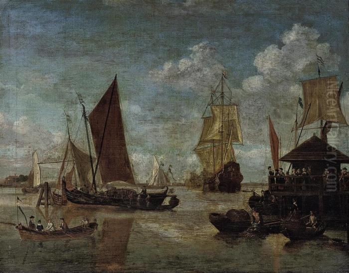 A Dutch Man-o'war Leaving Port 
On A Calm Day With Fishermenunloading Their Pots In The Foreground Oil Painting by Jacobus Storck