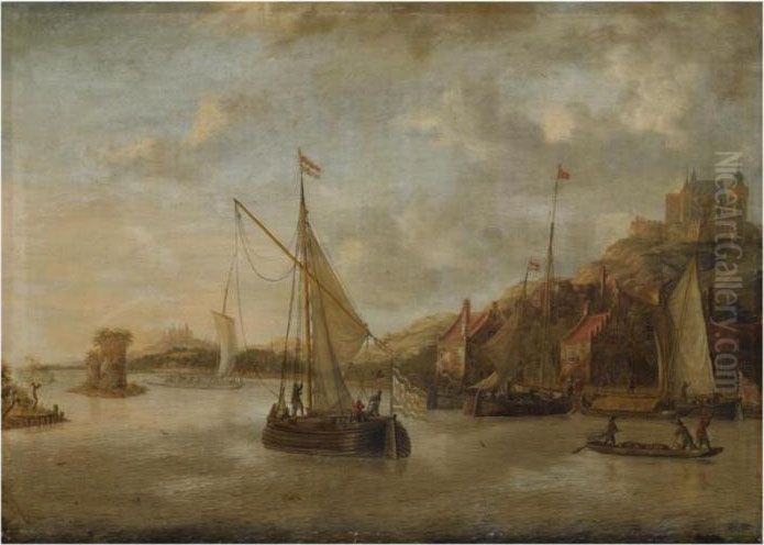 A Dutch Harbour Scene With 
Sailing Vessels And Other Shipping Nearthe Coast, With Numerous Figures 
On The Quayside, A View Of Acastle Beyond Oil Painting by Jacobus Storck