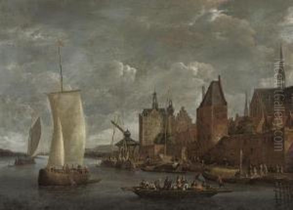 A River Landscape With Travellers On A Ferry Boat And Other Shipping By A Quayside Oil Painting by Jacobus Storck