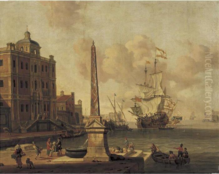 A Capriccio Of A Mediterranean 
Harbour Scene, With Figures Conversing On The Waterfront, A Palazzo 
Beyond Oil Painting by Jacobus Storck