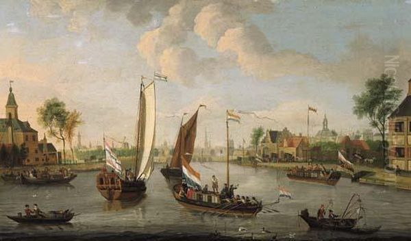 Yachts On The Buiten Amstel, 
Amsterdam, With The Spires Of The Zuider- And Oude Kerk Beyond Oil Painting by Jacobus Storck