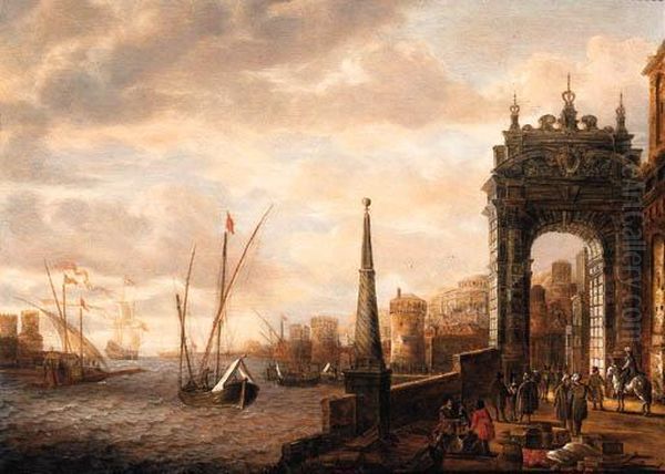 A Capriccio Of A Mediterranean 
Harbour With Merchants Andtravellers On A Quay By A Gate, Galleys And 
Other Shippingbeyond Oil Painting by Jacobus Storck