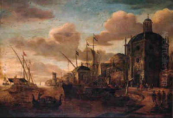 A Capriccio Of A Mediterranean 
Harbour With Moored Vessels By Aquay, A Galley At Anchor Beyond Oil Painting by Jacobus Storck