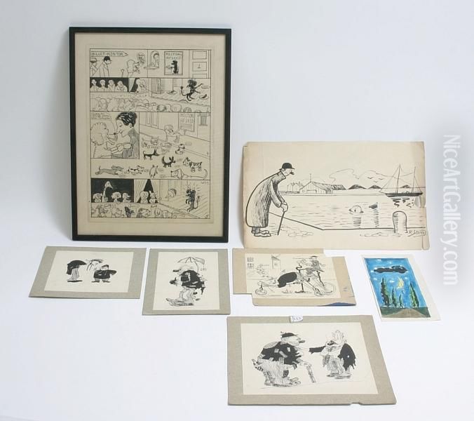 Orig. Drawings: 6 Original 
Drawings By Robert Storm P. + One Watercolour. One Framed, 4 Mounted On 
Cardboard. [no Date] Oil Painting by Robert Storm Petersen