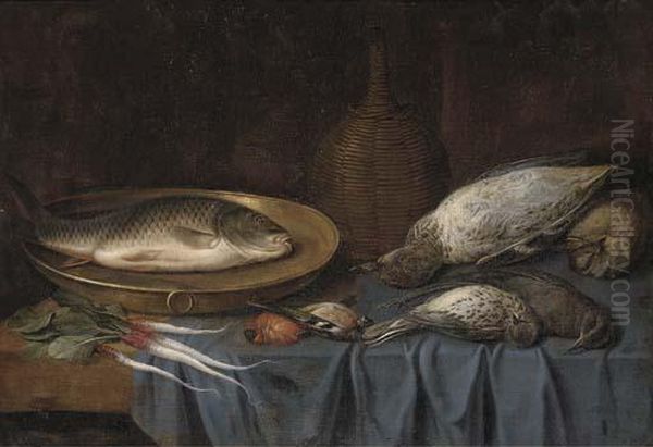 Dead Birds, A Fish On A Copper 
Platter, A Bottle Of Wine And Rootvegetables On A Draped Table Oil Painting by Sebastien Stoskopff