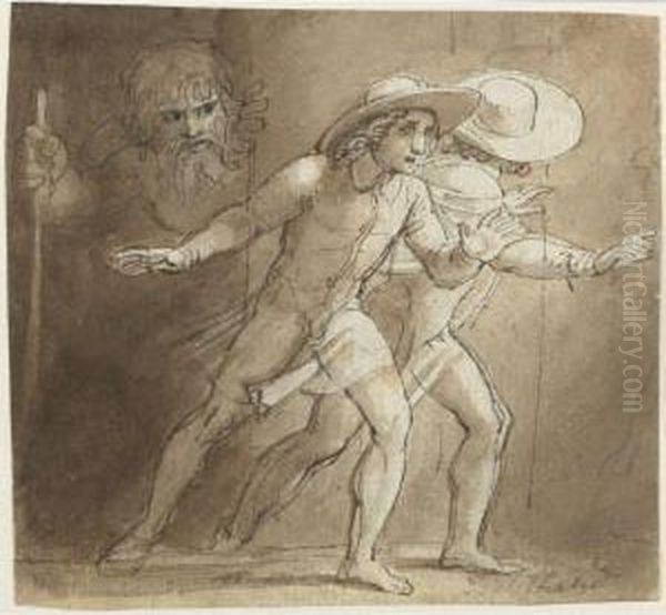 Christian Making His Escape With
 Hopeful From The Dungeon Ofdoubting Castle And Giant Despair Oil Painting by Thomas Stothard