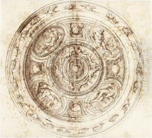 Design For A Basin With River Gods In Oval Compartments Oil Painting by Jacopo Strada