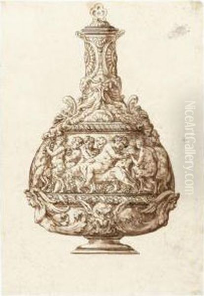 Design For A Flask With The Drunken Bacchus Riding A Panther Withsatyrs And Putti Oil Painting by Jacopo Strada