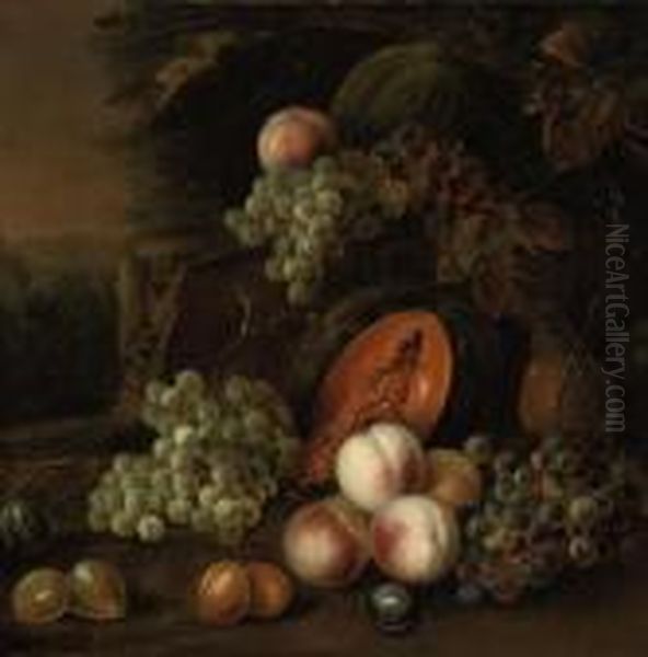 Grapes, Plums, Peaches, Pears And Pumpkins In A Landscape Oil Painting by Tobias Stranover