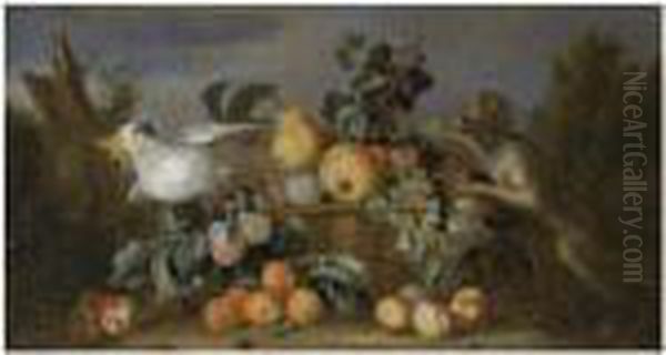 A Still Life With Pears, 
Apricots And Peaches In A Basket With A Monkey And A Cockatoo In A 
Landscape Oil Painting by Tobias Stranover