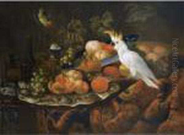 A Still Life With Grapes 
Pommegranates, Peaches, Oranges And Other Fruit On Pewter Plates And A 
Porcelain Bowl On A Table Draped With A Carpet Together With A 
Sulphur-crested Cockatoo And A Finch Oil Painting by Tobias Stranover