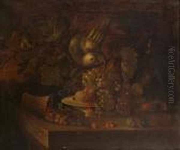 Grapes, Peaches And Redcurrants 
On A Salver With An Upturned Basket Of Strawberries And A Carafe Of Wine
 On A Ledge, A Parrot And A Goldfinch Oil Painting by Tobias Stranover