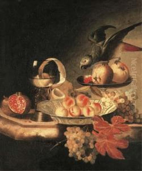 A Wanli-kraak Porselein Bowl Of 
Peaches, A Peeled Lemon In Aroemer, Apples And Parakeet In A Tazza And A
 Pomegranate, Grapes Ona Ledge Oil Painting by Tobias Stranover