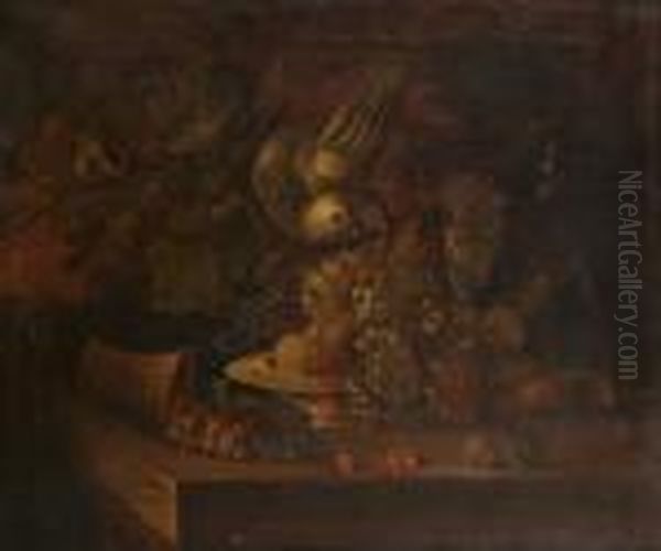 Grapes, Peaches And Redcurrants 
On A Salver, With An Upturned Basket Of Strawberries And A Carafe Of 
Wine On A Ledge With A Parrot And A Goldfinch Oil Painting by Tobias Stranover