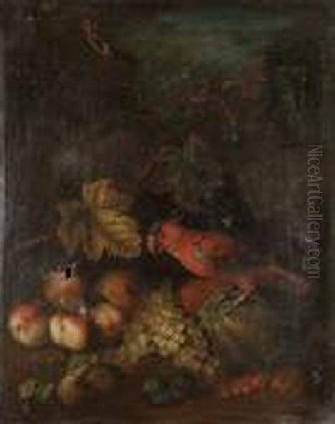 Peaches, Grapes, Plums, A Melon 
And Redcurrants With A Parrot And A Goldfinch, A Landscape Beyond Oil Painting by Tobias Stranover