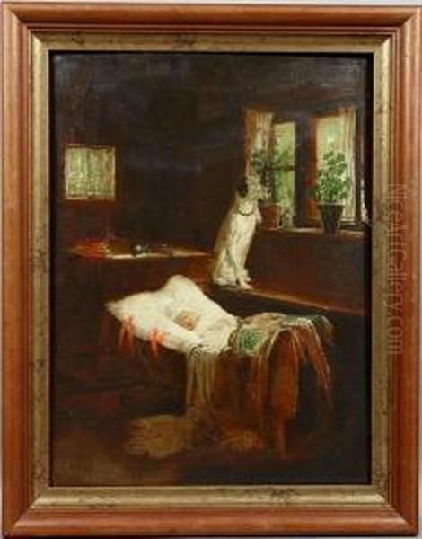 Dog Guarding A Sleeping Infant Oil Painting by Franciszek Streitt