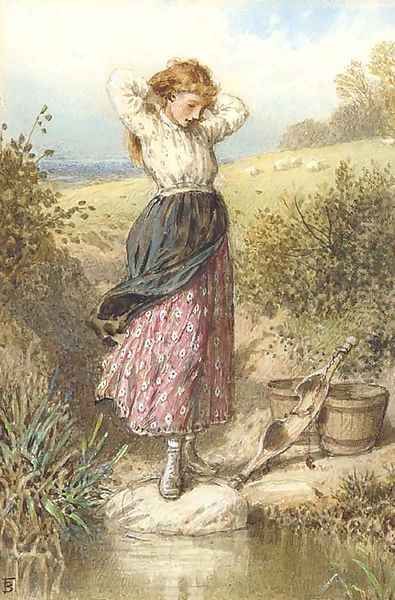 A milkmaid resting by a stream Oil Painting by Myles Birket Foster