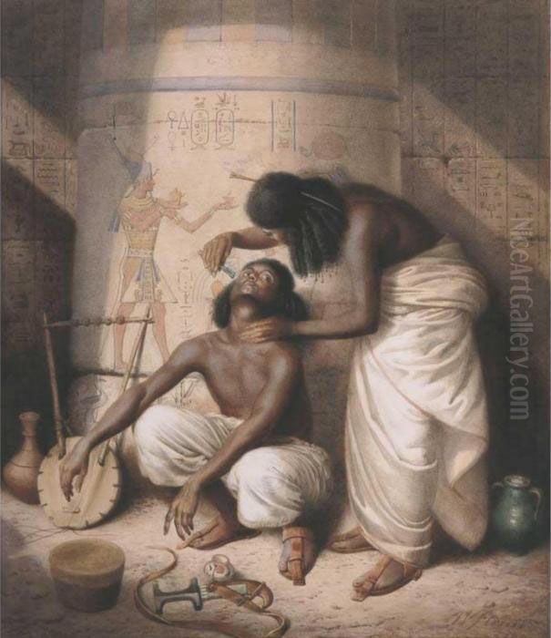 Nubian Barber Plies His Simple 
Trade When Egypt's Haughty Kings Insplendour 
Reigned'. A Shaving Scene In Nubia Oil Painting by William Strutt