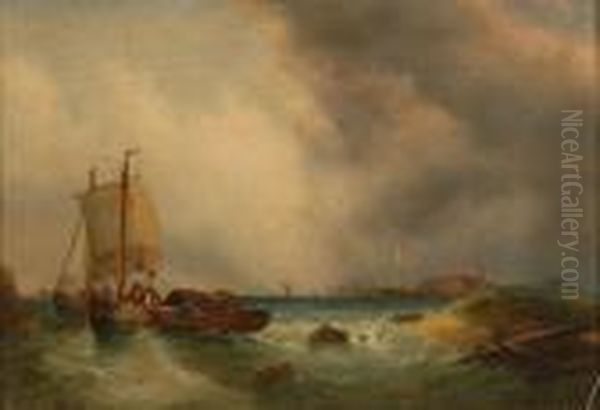 Coastal Landscape With Fishing Boats Oil Painting by Ralph I Stubbs