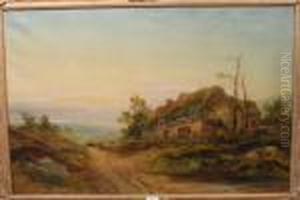 End Of Day, With Figures On A Path Walking To A Rustic Thatched Cottage Oil Painting by Ralph I Stubbs