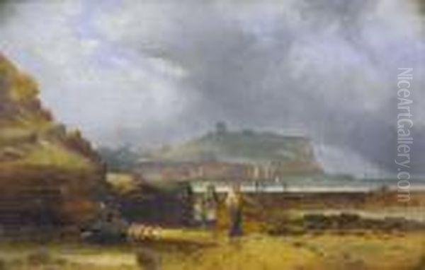 A View Of Whitby, With Fishermen On A Beach And The Abbey In The Background Oil Painting by Ralph I Stubbs
