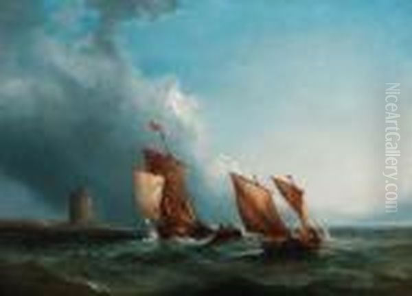 Luggers Off The Coast By A Derelict Windmill Oil Painting by Ralph I Stubbs