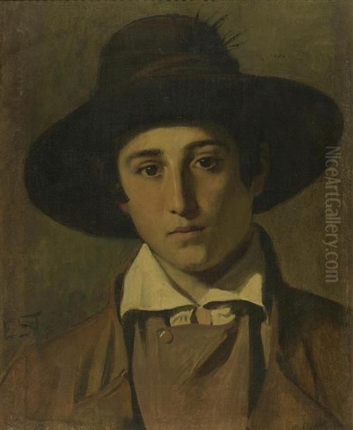 Portrat Eines Jungen Mannes Mit Hut. Oil Painting by Ernst Stuckelberg