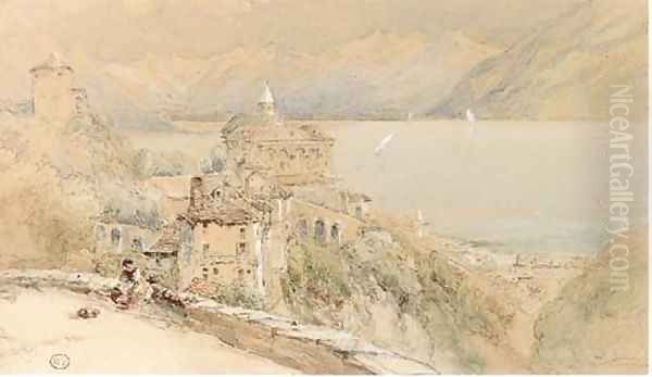 View of a continental lakeside town Oil Painting by Myles Birket Foster