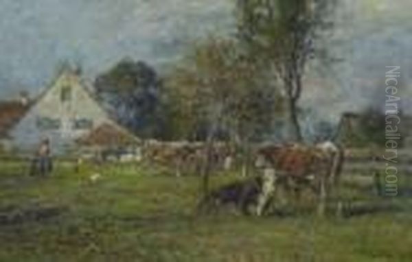 Kuhe Auf Der Weide Vor Dem
 Dorf. Oil Painting by Karl Stuhlmuller