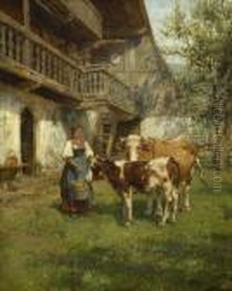 Magd Mit Kuh Und Kalb Vor Dem
 Bauernhaus. Oil Painting by Karl Stuhlmuller