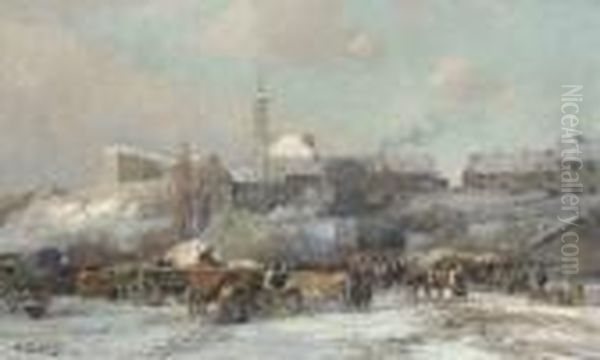 Dachauer Viehmarkt Im
 Winter. Oil Painting by Karl Stuhlmuller