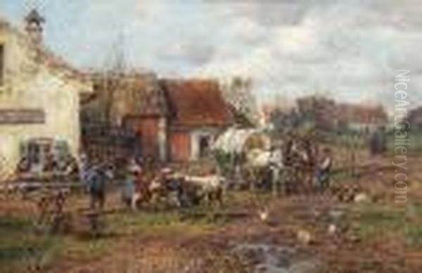 Bauern Mit Vieh Vor Der
 Dorfwirtschaft. Oil Painting by Karl Stuhlmuller