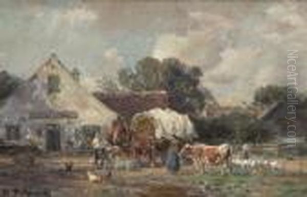Bauern Mit Vieh Und Pferdefuhrwerk
 Vor Der Dorfwirtschaft. Oil Painting by Karl Stuhlmuller
