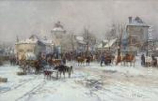 Winterlicher Viehmarkt Vor Der
 Stadt. Oil Painting by Karl Stuhlmuller