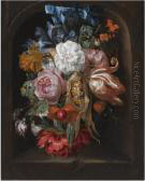 A Still Life Of A Corncob, 
Roses, A Parrot Tulip, Irises, And Otherflowers Suspended From A Blue 
Ribbon, In A Stone Niche Oil Painting by Ernst Stuven