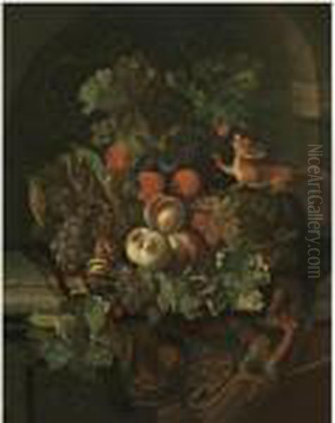 Still Life With A Red Squirrel 
Amongst Peaches, Grapes, Vine Leavesand Walnuts On A Stone Ledge Oil Painting by Ernst Stuven