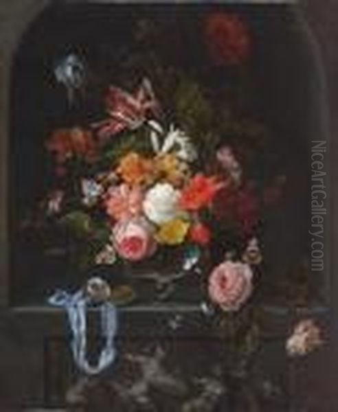 A Parrot Tulip, An Iris, 
Poppies, Roses And Other Flowers In A Glass Vase With A Pocket-watch And
 Two Butterflies In A Niche With A Classical Sculpted Low Relief Oil Painting by Ernst Stuven