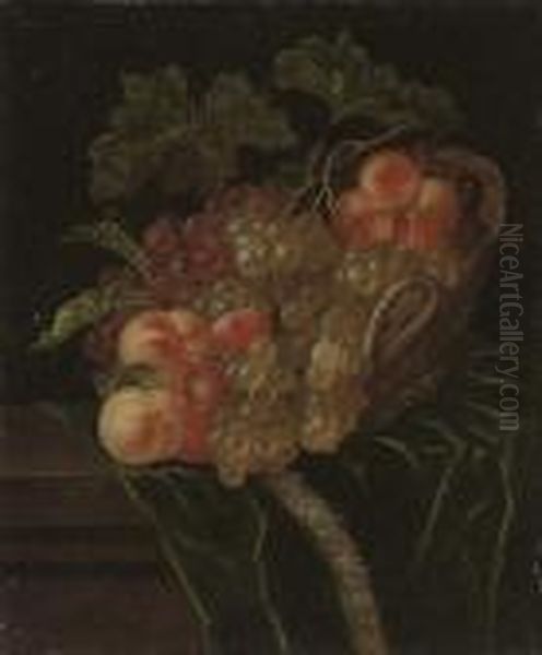 A Pomegranate, Apricots, Grapes 
And Peaches In A Wicker Basket On A Partly-draped Stone Ledge Oil Painting by Ernst Stuven