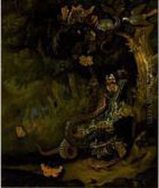 A Forest Floor Still Life With 
An Aspis Adder Attacking A Red Admiral, Together With A Peacock 
Butterfly And Other Butterflies, A Lizard, Snails And A Gold Thistle, 
With A Bird And A Rat Near A Bird's Nest Oil Painting by Ernst Stuven