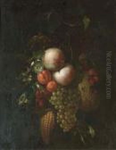 Peaches, Grapes On The Vine, 
Berries, Corn, A Melon, Apricots Andflowers Hanging In A Bunch Oil Painting by Ernst Stuven