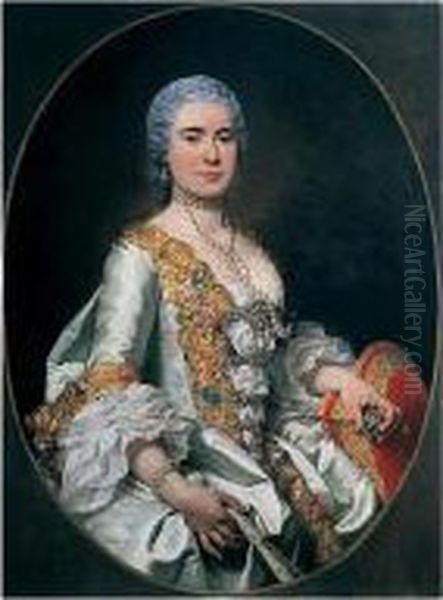 Portrait Of A Lady, Half Length,
 In A Lace-trimmed Dress And Holding A Miniature Of Her Husband Oil Painting by Pierre Subleyras