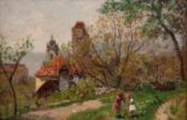 Durnstein - Zwei Spielende Kinder Im Garten Oil Painting by Max Suppantschitsch