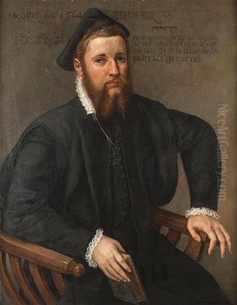 Portrait Of A Bearded Man, 
Seated Three-quarter-length, In Black Costume With A Black Hat And A 
Lace Collar, Holiding A Book Oil Painting by Lambert Sustris