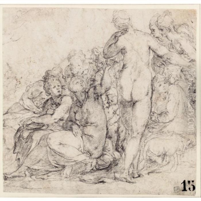 A Group Of Figures, Clustered Together Oil Painting by Lambert Sustris