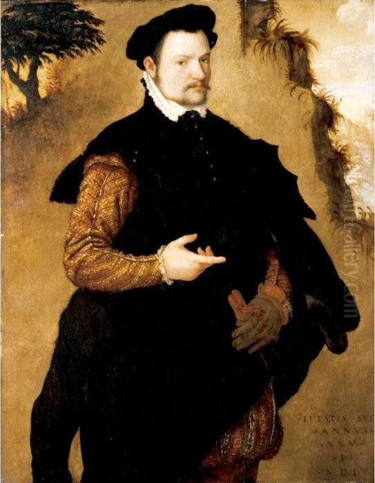 Portrait Of A Gentleman, 
Three-quarter Length, Wearing An Elaborately Embroidered Doublet And A 
Fur-trimmed Black Cape Oil Painting by Lambert Sustris