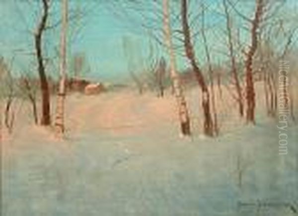 A Snow-covered Path Through The Trees Atsunset Oil Painting by Svend Rasmussen Svendsen