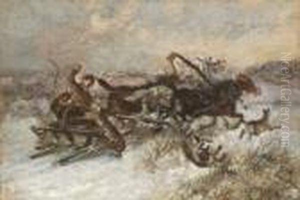 Wolfe Greifen Einen
 Pferdeschlitten An. Oil Painting by Nikolai Egorovich Sverchkov