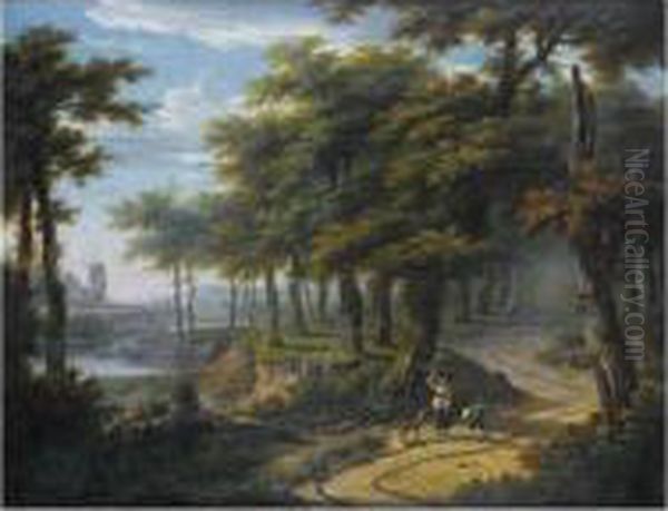 Paysage De Foret Avec Une 
Bergere Sur Un Chemin, Un Moulin Et Un Chteau Dans Le Fond, En Bord De 
Riviere Oil Painting by Frans Swagers