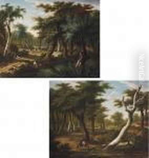 A Forest Landscape With A 
Soldier Resting, A Huntsman Shooting Ducks And A Hunting Party Beyond; 
And A Forest Landscape With A Huntsman Watering His Mount, A Haycart 
Passing Beyond Oil Painting by Frans Swagers
