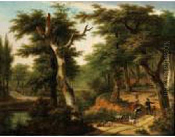 Paysages De Foret Avec Une Bergere Et Son Troupeau Sur Unchemin Oil Painting by Frans Swagers